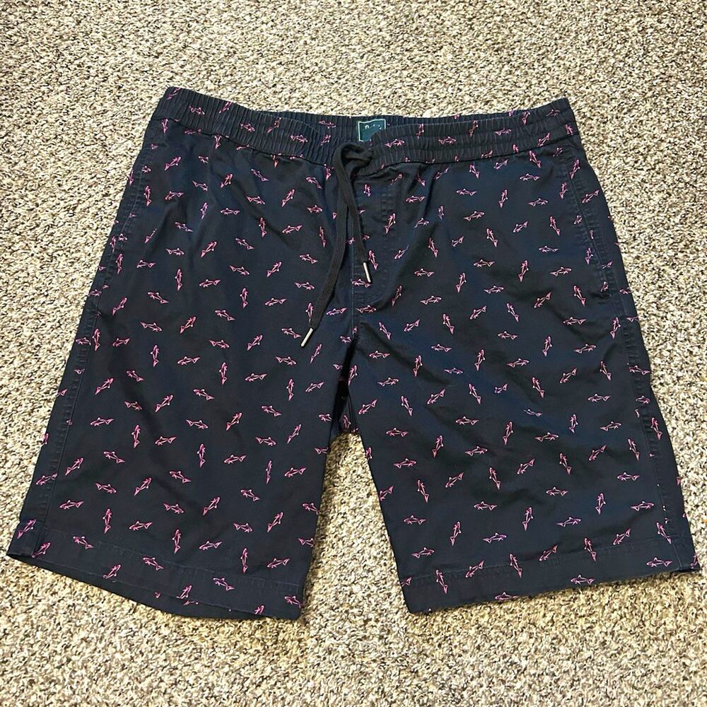 Bixby Nomad Men's Black/Pink Shark Print Shorts Size 38 Drawstring Pockets